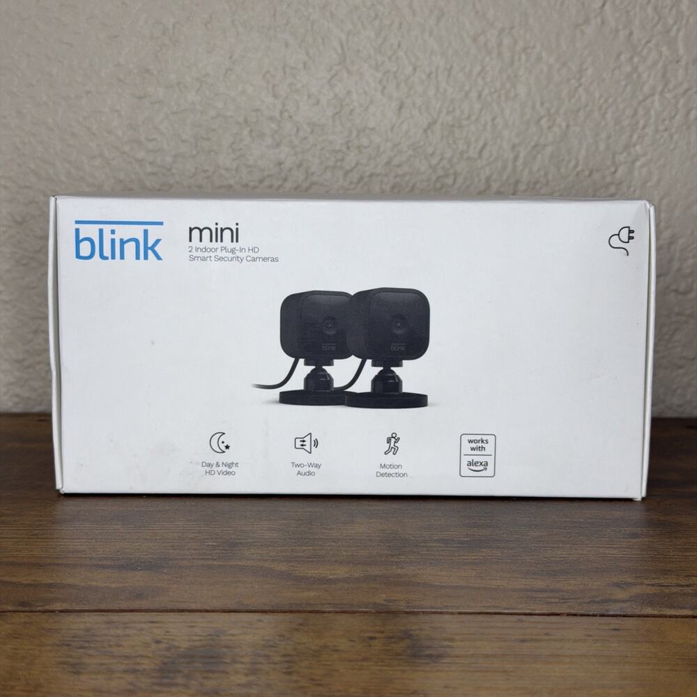 Blink Mini 2-Pack Indoor Plug-In HD Smart Security Cameras Alexa New Sealed